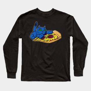 Blue Cat with Green Eyes and a Slice of Pizza Long Sleeve T-Shirt